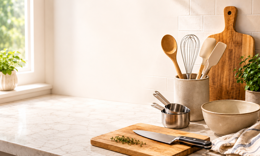 Clean kitchen tools drying on a mat beside a dish rack and window light