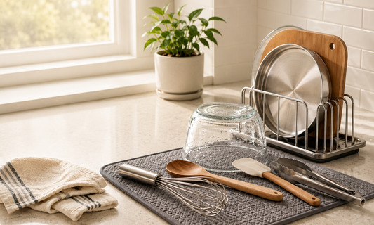 Everyday kitchen tools arranged on a clean countertop for cooking prep