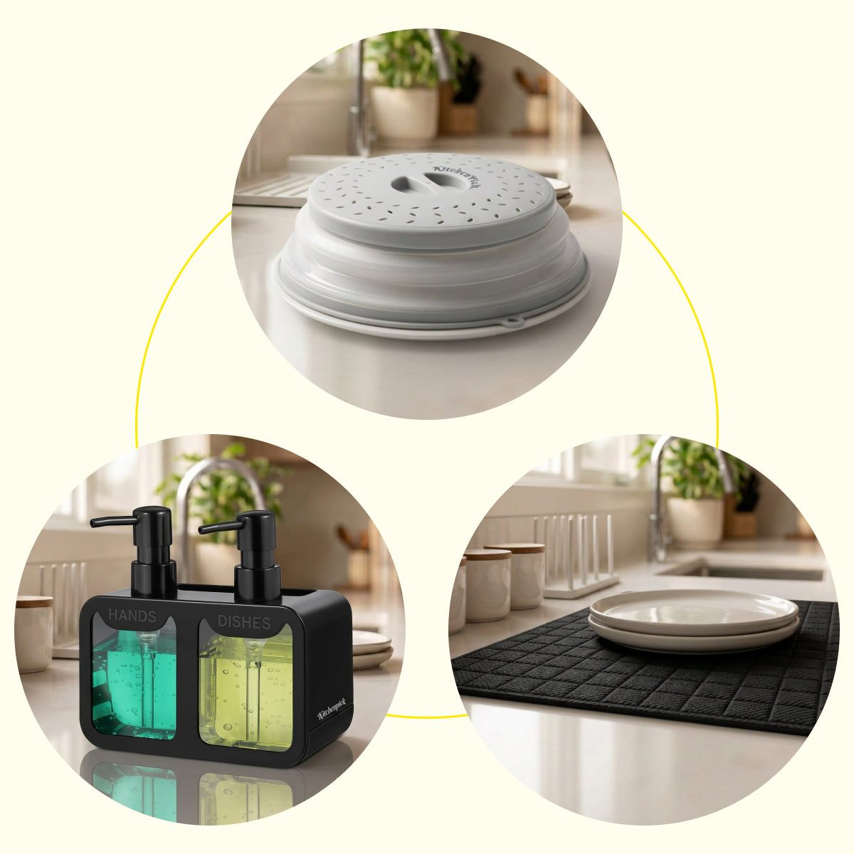 Everyday Mess-Free Kitchen Bundle – Soap Dispenser, Microwave Cover & Dish Drying Mat