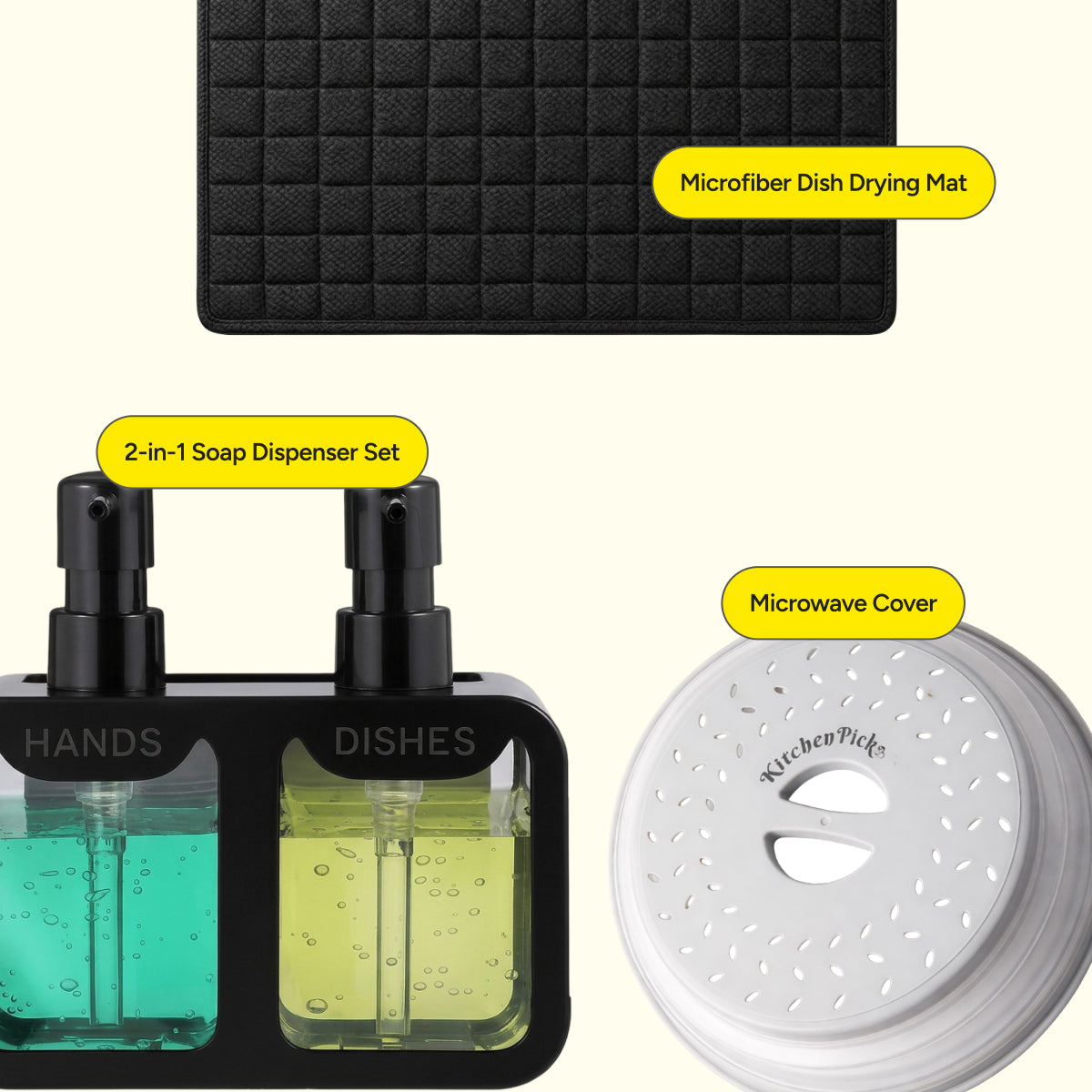 Everyday Mess-Free Kitchen Bundle – Soap Dispenser, Microwave Cover & Dish Drying Mat