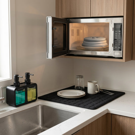 Everyday Mess-Free Kitchen Bundle – Soap Dispenser, Microwave Cover & Dish Drying Mat
