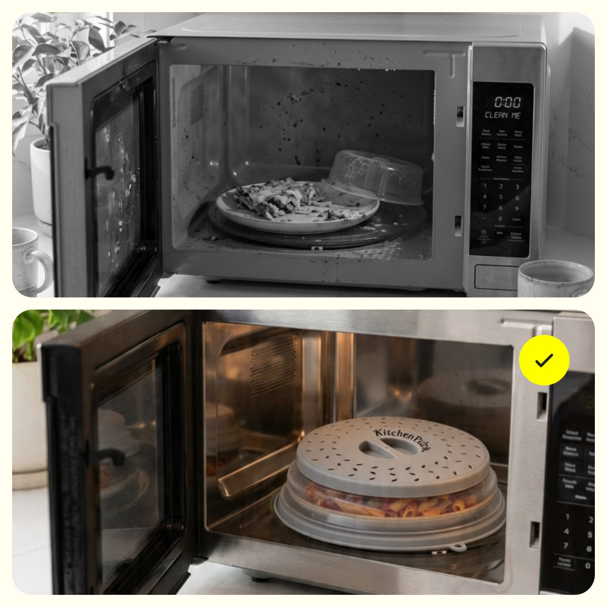 Collapsible microwave splatter guard covering bowl of leftovers