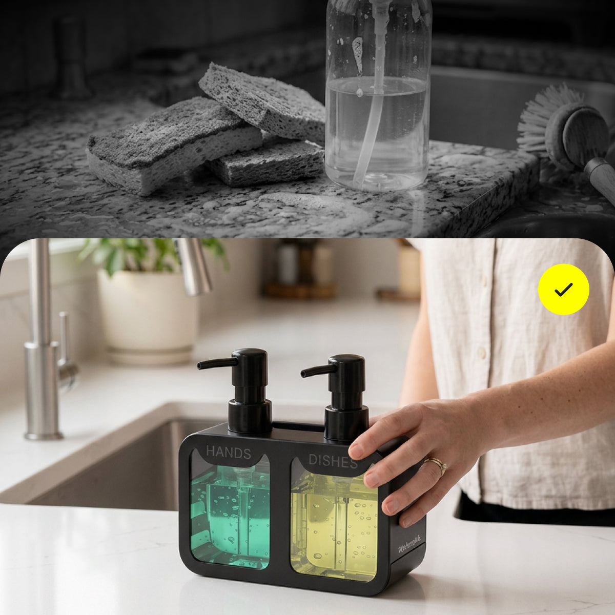 KitchenPick soap dispenser set with sponge holder on countertop