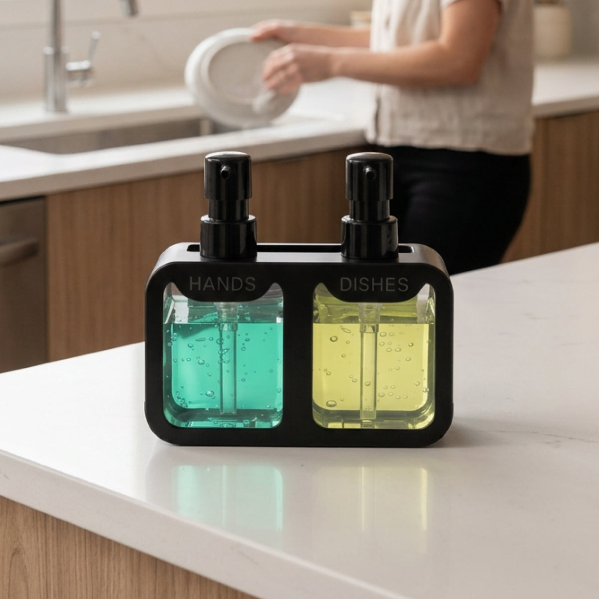 Black kitchen soap dispenser for dishwashing and handwashing