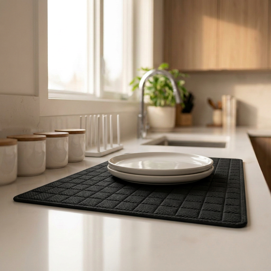 KitchenPick microfiber dish drying mat placed beside kitchen sink